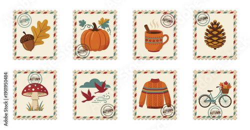 Vintage Illustrated Autumn Icon Postage Stamp Collection for Seasonal Scrapbooking and Fall Stationery Design