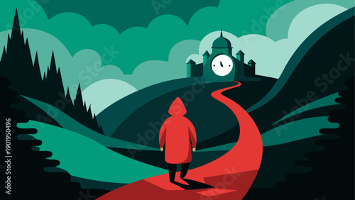 Person walking towards clock tower on path