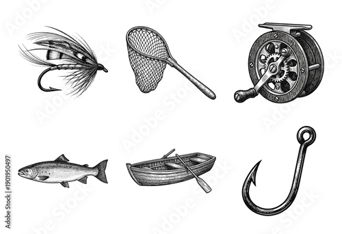 Vintage fishing equipment and trout set in detailed woodcut engraving style including fly reel boat hook and net.