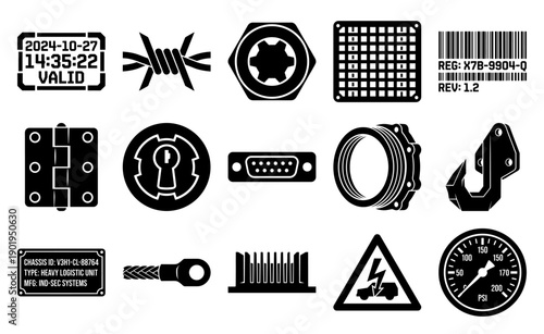 Black Stencil Industrial Machinery Asset Sheet for Sci-Fi User Interfaces and Heavy Logistics Design