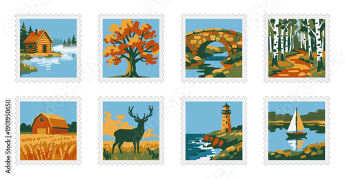 Flat Vector Landscape Illustration Postage Stamp Collection for Travel Stationery and Scrapbooking Assets