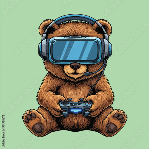 Cute teddy bear playing video games with VR headset.