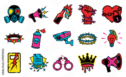 Punk Rock Protest Vector Sticker Kit featuring Anarchy and Revolution Icons for Alternative Media