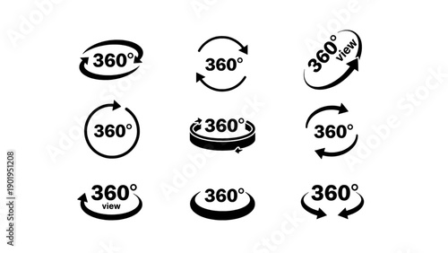A clean icon set representing 360-degree view, rotation, and panoramic concepts.