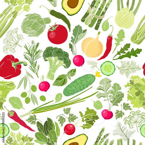 Vegetables and spicy herbs. Seamless vector pattern on white. Healthy food background. Perfect for design templates, wallpaper, wrapping, fabric, print and textile.