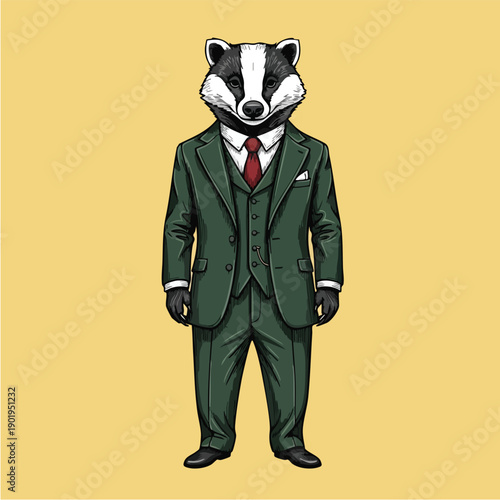 Dapper Badger in a Green Suit and Red Tie Standing Tall.