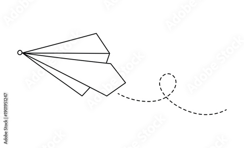 Dashed flight path paper airplane drawing with circular loop trail graphic black pen lines
