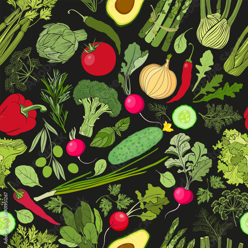 Vegetables and spicy herbs.  Art background with healthy food on black.  Hand drawn seamless pattern. Vector illustration, ready-made design for textiles and printing.