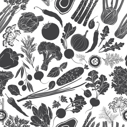 Vegetables and spicy herbs, black silhouettes on white.  Art background with healthy food.  Hand drawn seamless pattern. Vector illustration, ready-made design for textiles and printing.