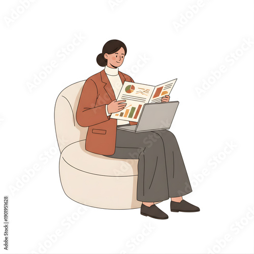 Female corporate accountant sitting on chair reviewing printed financial reports, laptop on lap, professional formal outfit