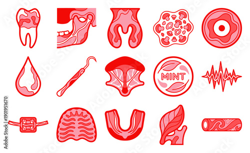 Minimalist Red Line Art Dental Health and Oral Anatomy Icon Collection for Professional Medical Infographics
