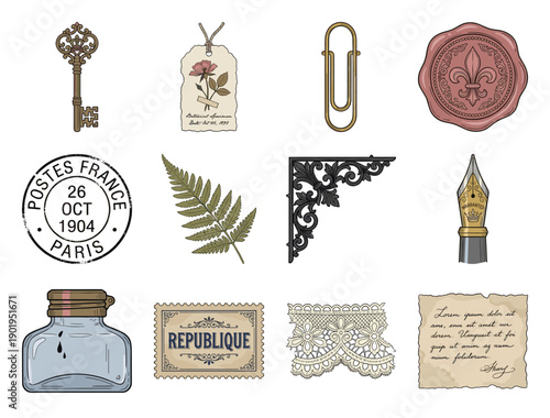 Vintage Ephemera Botanical Engravings and Antique Stationery Graphic Element Kit for Junk Journaling