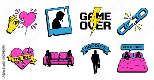 Relationship Breakup Sticker Set, Vector Illustration Collection