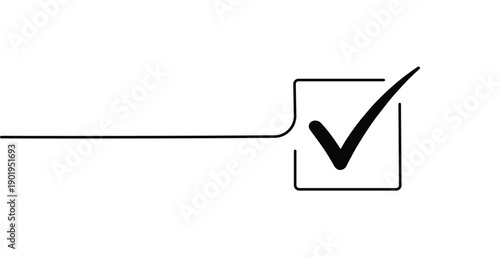 Continuous black line drawing featuring a checkmark symbol within a square box outline art