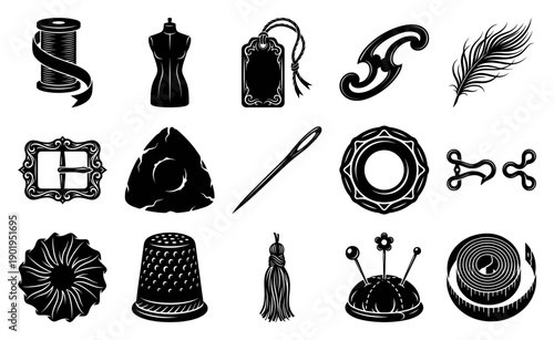 Vintage Engraving Tailoring Tools Graphic Set for Bespoke Fashion Design and Haberdashery Branding