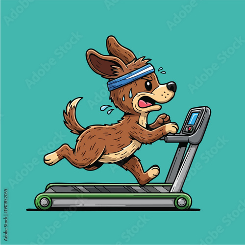 Determined cartoon dog running on a treadmill with a blue headband.