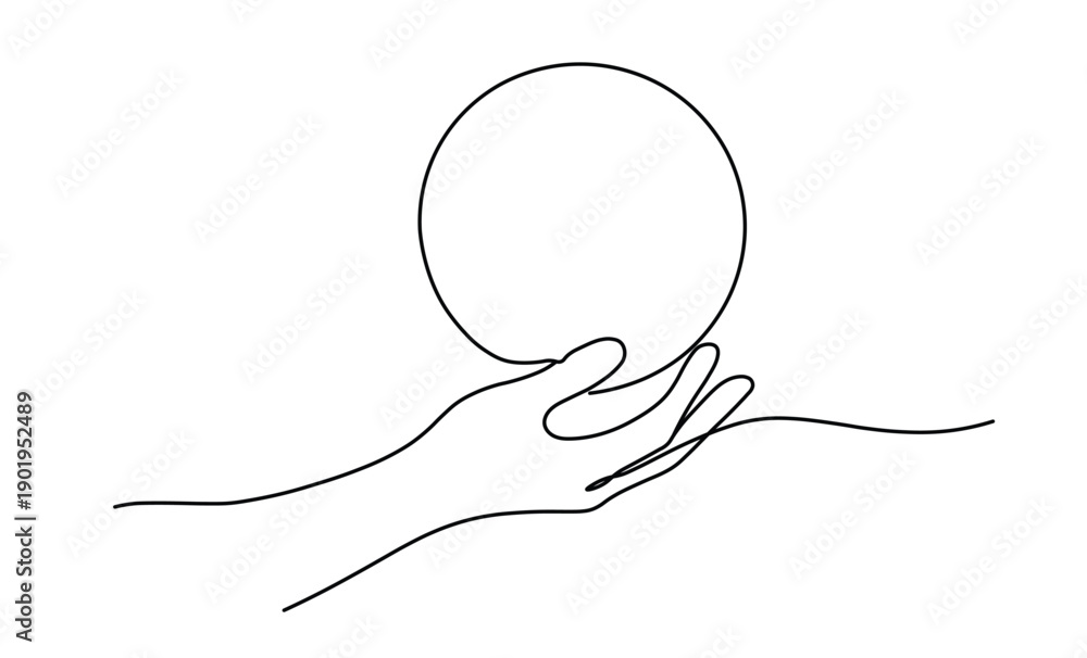 Obraz premium Continuous line drawing of a hand holding a large circle representing global unity concept