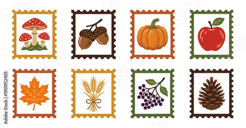 Rustic Autumn Harvest Perforated Postage Stamp Set for Seasonal Scrapbooking and Botanical Stationery Decor