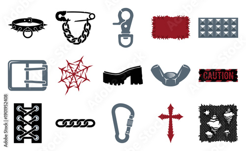 Gothic Punk Subculture Graphic Element Kit with Distressed Textures and Hardware Assets for Alternative Fashion Design