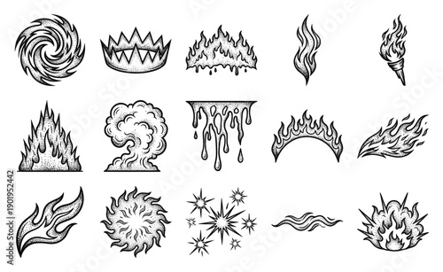 Stipple Engraving Elemental Fire and Smoke Graphics Set for Dark Fantasy and Occult Art Projects