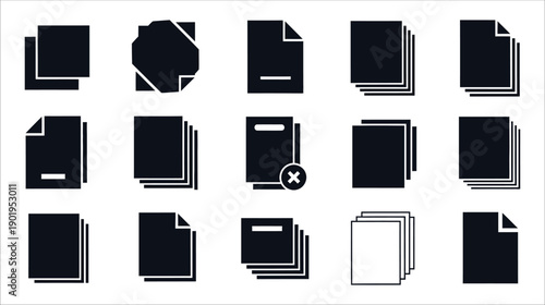 Collection of 18 dark blue document icons and paper sheets on a light background, vector illustration