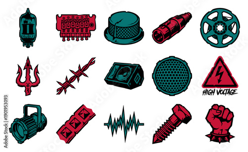 Industrial Grunge Heavy Metal Graphic Asset Sheet for Underground Music and Punk Rock Branding