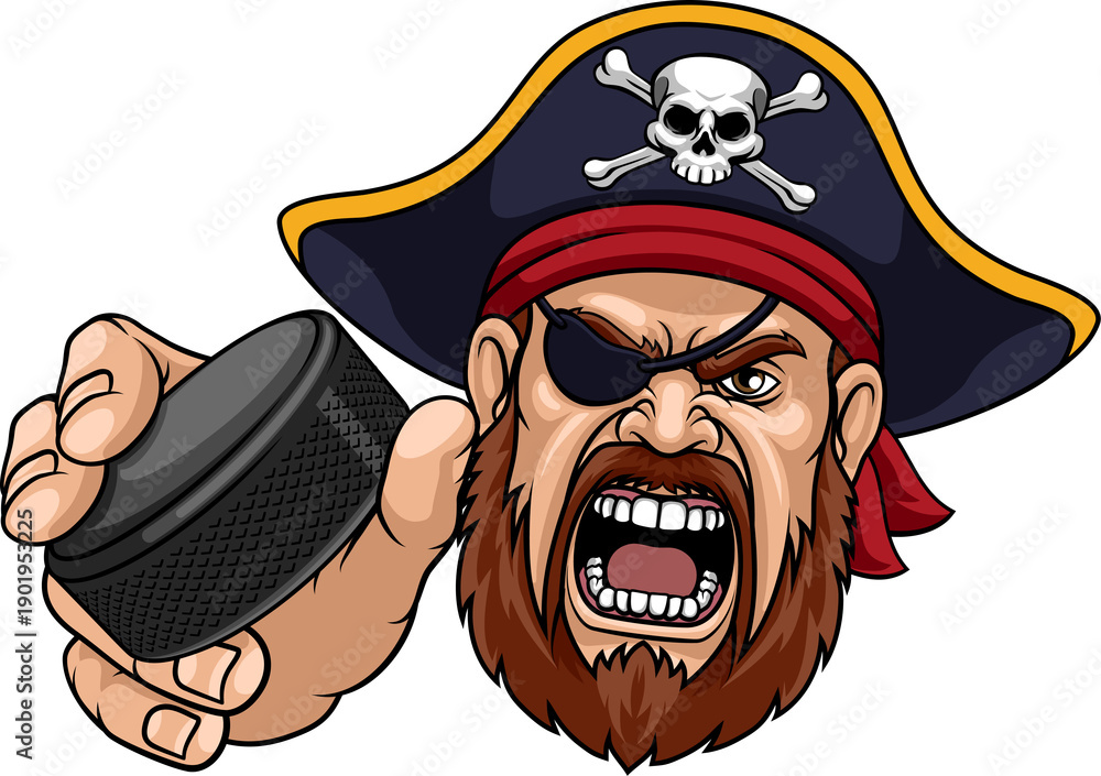 Fototapeta premium An angry Pirate cartoon character holding hockey puck ice hockey sports team mascot illustration.