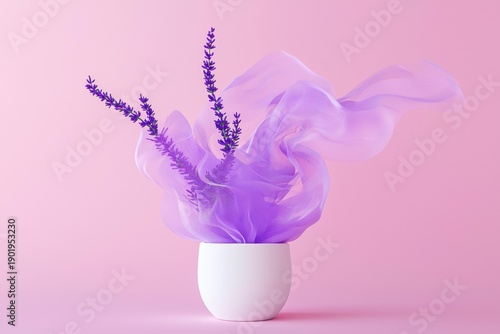 Purple flowers and sheer fabric emerge from a white vase on a pink backdrop. AI.