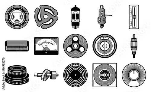 Vintage Woodcut Engraving Analog Audio Components Element Kit for Music Production and Retro Electronics