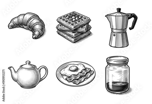 Vintage woodcut illustration set of breakfast food and cafe items including waffles, croissant, bacon and eggs, moka pot, teapot, and glass jar.