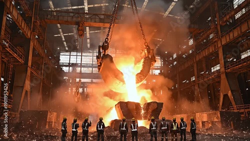 Powerful industrial scene showing molten steel pouring from a giant ladle. Ideal footage for illustrating metallurgy, manufacturing, or heavy industry processes.