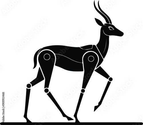 silhouette futuristic robotic antelope with mechanical limbs and curved horns vector design