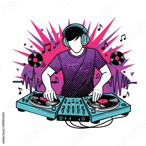 DJ mixing music on turntables with headphones.