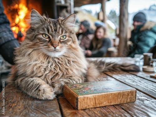 A furry cat with yellow eyes sits on a wooden table next to a box. People are in the background. AI.