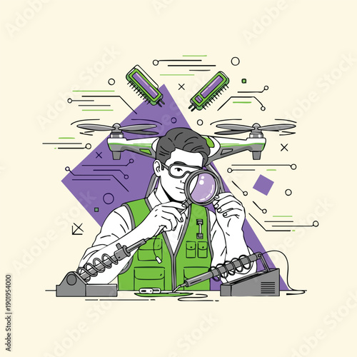 Drone Repair Technician Inspecting Circuitry with Magnifying Glass.