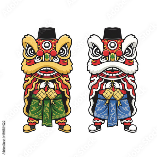 Two lion dances holding a bunch of ketupat, as a symbol of the simultaneous celebration of Chinese New Year and Ramadan.
