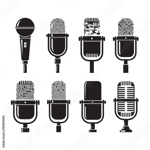 Collection of Diverse Microphone Silhouettes for Audio Recording and Broadcasting - Stock Media