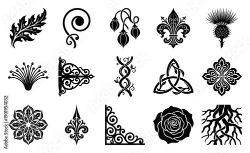 Gothic Woodcut Botanical Ornaments Graphic Set for Heraldic Design and Medieval Scrapbooking