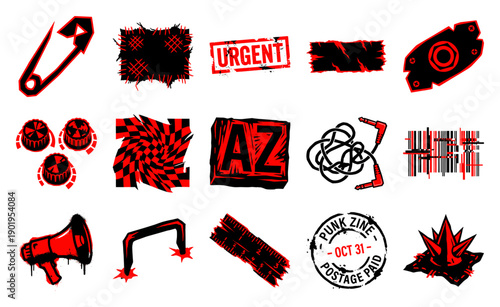 Grungy Punk Rock Graphic Element Kit for Alternative Zine Design and Underground Streetwear Aesthetics