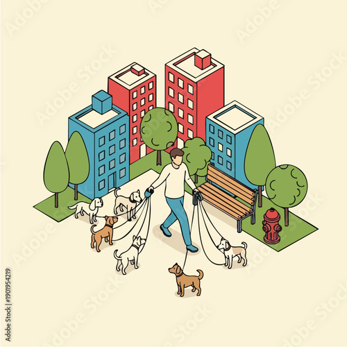 Dog walker strolling through a city park with multiple dogs.