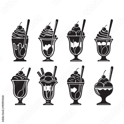 Collection of Ice Cream Sundae Vector Icons with Cherries and Spoons