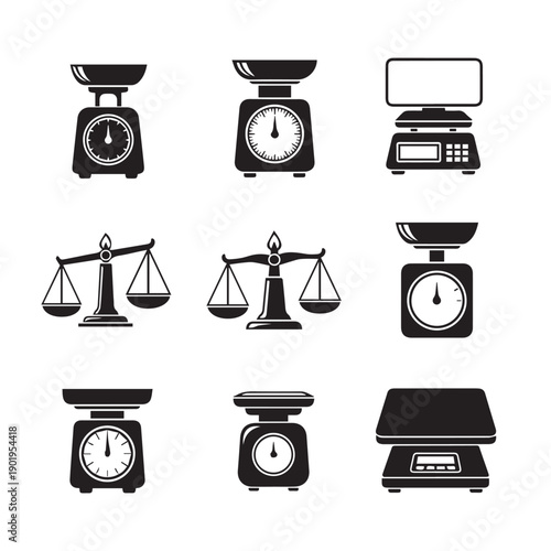 Collection of kitchen and balance scales icons, vector illustration