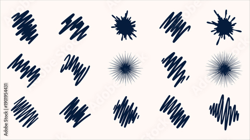 Set of 15 dark blue textured brush strokes, scribbles, and sound wave patterns for creative design