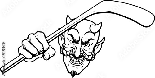 Photography A devil or satan ice hockey sports mascot cartoon character holding a stick