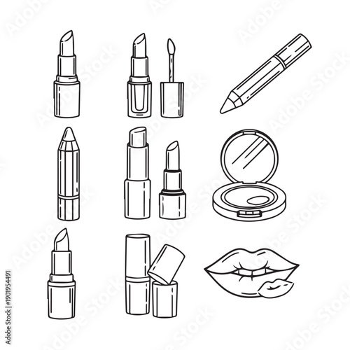 Collection of lipsticks, lip gloss, lip liner, and compact mirror line art
