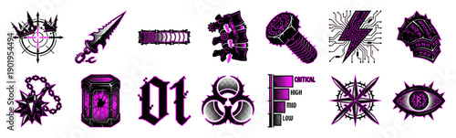 Cyberpunk Gothic Engraving Industrial Element Kit for Dystopian Sci-Fi Graphic Design