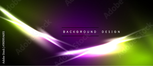 Abstract background features vibrant neon lines, purple hues, green glow. Dynamic light streaks create modern design element.