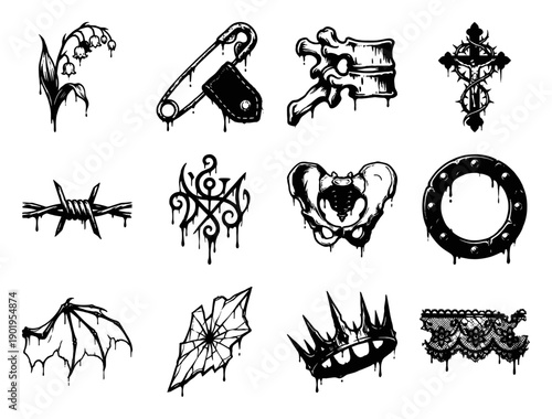 Dark Gothic Engraving Tattoo Flash Element Kit for Alternative Apparel and Emo Aesthetic Designs