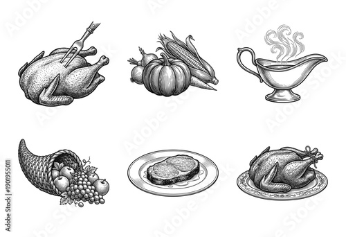 Set of vintage woodcut style illustrations featuring Thanksgiving feast items including roasted turkey, harvest vegetables, gravy boat, and cornucopia.