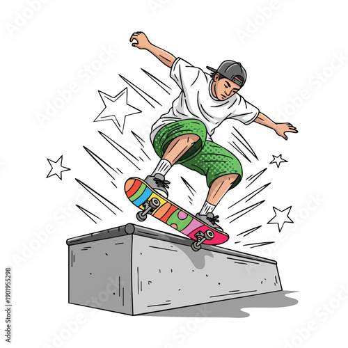 Dynamic illustration of a male skateboarder performing an ollie trick on a concrete ledge with vibrant skateboard design.